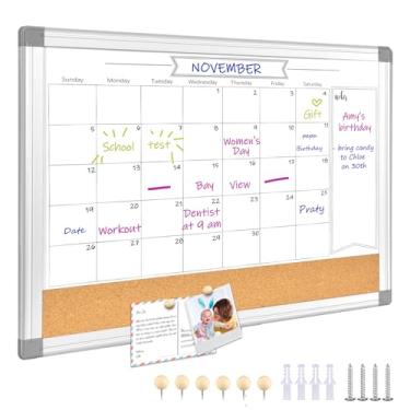 Imagem de Umtiti Quadro branco apagável a seco com calendário mensal atualizado e quadro de avisos de cortiça, moldura de alumínio de 33 x 43 cm, quadro branco de superfície magnética. Perfeito para organizar