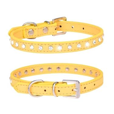 Imagem de Pimaodog Coleira de cachorro de strass camurça couro cristal diamante colorido bling menina filhote de gato coleiras PP pequenos animais de estimação (M, amarelo)