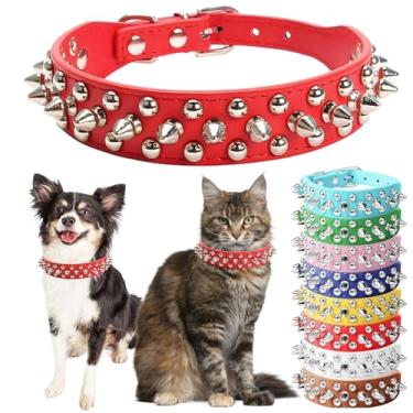 Imagem de Coleira com espinhos vermelhos para cães, coleiras para filhotes de cachorro com espinhos de couro, cogumelos, rebites, fêmeas, cravejadas, ajustáveis, para gatinhos, PPP, PP