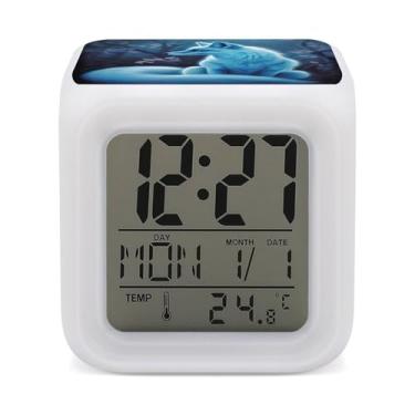 Imagem de RTFGHJS Despertador azul raposa colorido despertador pequeno visor LED despertador digital relógio compacto relógio eletrônico para quartos cabeceira mesa prateleira tamanho único