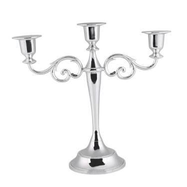 Imagem de Luqeeg Suporte de vela de metal, 3 braços retro portátil bonito elegante candelabro, decoração de casa estilo europeu para casamento, mesa de jantar, festa de Natal (prata)