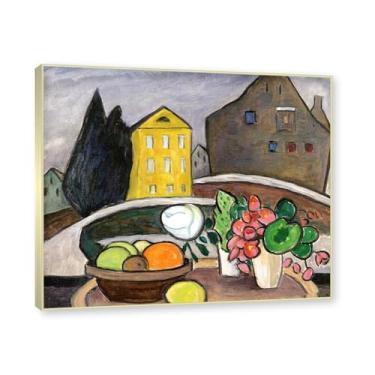 Imagem de NHLDZYH Moldura dourada champanhe. Impressões de artistas famosos, (Yellow House) por Gabriele Münter, reprodução de impressões em tela de paisagem pôster para decoração de casa 40 x 48 cm-15,7 x 18,9