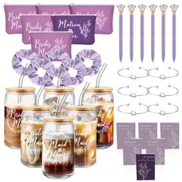 Imagem de Irenare Conjunto de 6 presentes de proposta de dama de honra, 36 peças, Will You Be My Bridesmaid Copo de vidro de 473 ml, noivas, empregada, sacos de cosméticos, cartões, pulseiras, chá de panela