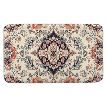 Imagem de Hajmsug Boho Tapete de banheiro vintage confortável azul laranja cozinha banheiro quarto flor design estilo étnico casa de fazenda lavável tapetes brancos coloridos 43 x 73 centímetros