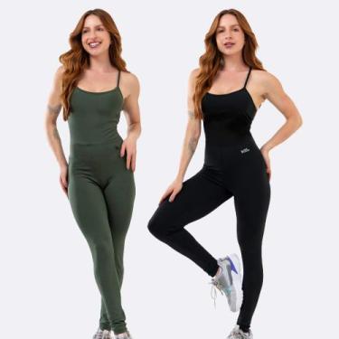 Imagem de Kit 2 Macacão Fitness Blackout Alcinha Slim Zero Transparência Longo E