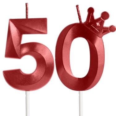 Imagem de Velas de aniversário de 50 anos para bolo, número 50 velas vermelhas com coroa, design 3D, enfeite de bolo de aniversário para mulheres, homens, festas de aniversário, casamento, celebração