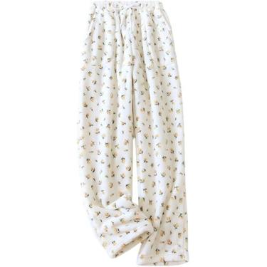 Imagem de Calças De Pijama De Lã Fofa Para Mulheres, Calças Florais Aconchegantes E Macias Com Bolsos E Cordão, Calças De Moletom Quentes Para O Inverno, Pijamas Para Mulheres Loungewe, yellow flowers, M