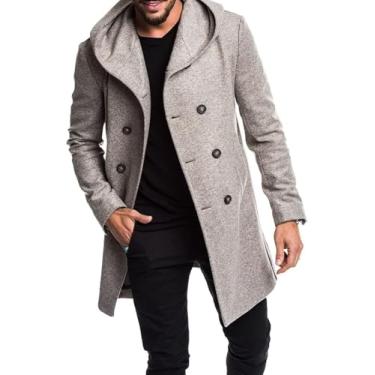 Imagem de Misturas De Lã Masculinas Quentes Casuais Casaco Com Capuz Bainha Assimétrica Treh Estilo Britânico Fino Sobretudos Sólidos, Light Grey, 3XL