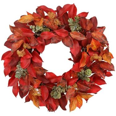 Imagem de Guirlanda de outono artificial de 55 cm para porta da frente, guirlanda de outono grande com folhas de baía e eucalipto, guirlandas de porta de outono para ambientes internos e externos, quinta