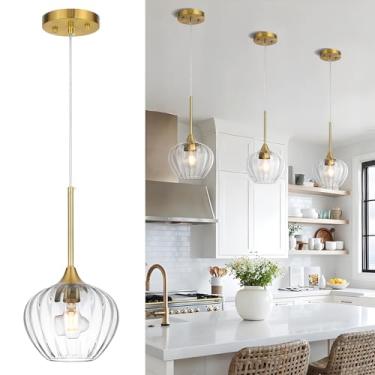 Imagem de QianZhan Luminária pendente de vidro ilha de cozinha, luminária pendente moderna dourada escovada de 18 cm, mini iluminação suspensa de teto para sala de jantar, pia, banheiro, bar, restaurante