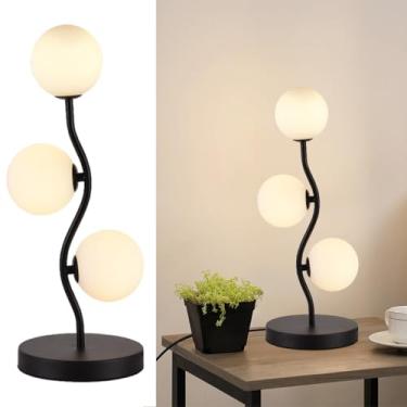 Imagem de AMARTIZ Candeeiro de mesa globo preto curva de 3 luzes, flor de meados do século, luz de mesa ao lado da mesa com sombra de vidro branco leite, base de metal, candeeiro de cabeceira para quarto de