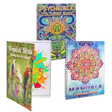 Imagem de Conjunto de livros de colorir para adultos, pacote com 3 livros de colorir para pássaros psicodélicos, mandalas e tropicais, livros de colorir encadernados em espiral para adultos para aliviar a