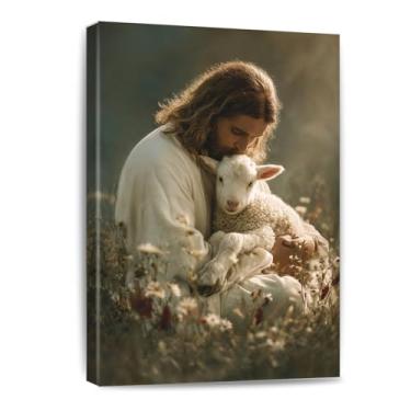 Imagem de Jesus abraça cordeiro arte de parede Jesus segurando cordeiro entre flores decoração de parede histórias bíblicas para quarto sala de oração igreja decoração de casa emoldurada 20 x 30 cm