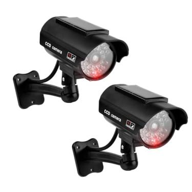 Imagem de 2 peças de câmera de segurança simulada falsa com luz IR falsa, montagem em parede/teto, monitor de simulação para interior/exterior