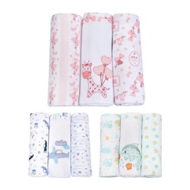 Imagem de Kit Cueiro Manta Flanelada Bebê 3 Peças Bordado e Estampado 80cmx80cm 