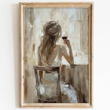 Imagem de Quadro de mulher vintage menina bebendo vinho arte de parede pintura traseira de mulher retrato vintage arte em tela bege moderno pôsteres abstrato feminino pintura feminina elegante pôsteres feminino
