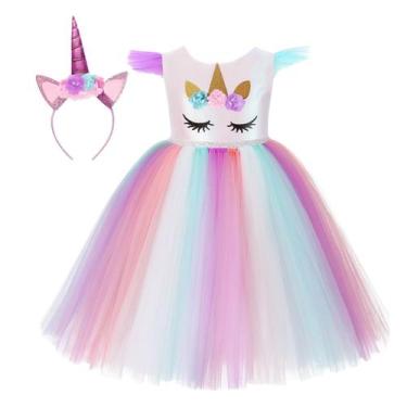 Imagem de Fantasia Infantil Menina Vestido Asa Tiara Festa Unicórnio Dia das Cri