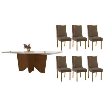 Imagem de Conjunto Sala de Jantar Nevada c/ Tampo Madeirado c/ Vidro Canto Curvo 180x90cm e 6 Cadeiras Tilia Madeira Maciça Naturale/Off White - Capuccino/Suede
