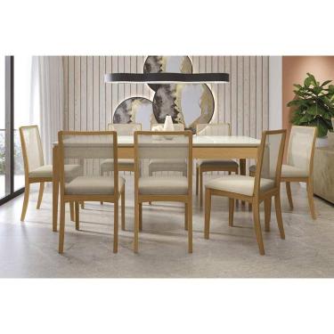 Imagem de Conjunto Sala de Jantar Mira Premium Madeira Maciça c/ Tampo Madeirado c/ Vidro 200x100cm e 8 Cadeiras Lara Carvalho/Off White - Linho Bege Argila-Kap