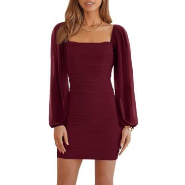 Imagem de Vestido Wenrine Mesh, manga comprida, gola quadrada, Bodycon, vinho ti
