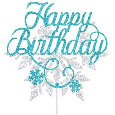 Imagem de Winter Happy Birthday Cake Topper, Snowflake Frozen Birthday Party Decorations, Snowflake Baby Shower Decoration Supplies, Winter Wonderland Themed Bday Decoration Silver & Blue Glitter