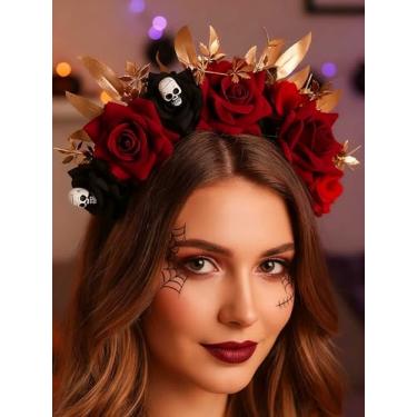 Imagem de Campsis Red Rose Halloween Headband, Skull Leaf Hair Bands, Gothic Festival Cosplay Day of the Dead Hair Accessories for Women