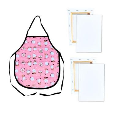 Imagem de 2 Telas Para Pintura 15x22cm e Avental Infantil Estampado Rosa Kit - S