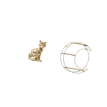 Imagem de Fenteer Estátua de Gato, Escultura de Animal, Arte E Artesanato, Ornamento para Lareira com Prateleira de Parede de Metal de 3 Níveis, Decoração Multifunciona