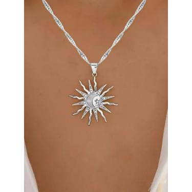 Imagem de Colar com pingente de estrela de sol e lua de prata, colar de corrente celestial Boho para mulheres