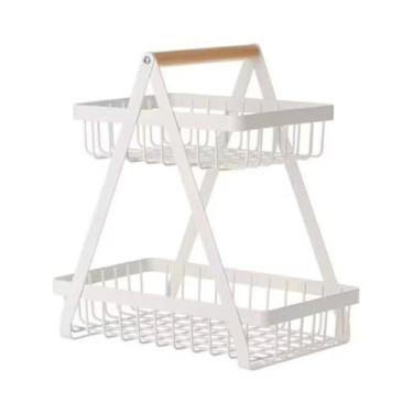 Imagem de Organizador Metálico 2 Andares com Alça em Madeira, Branco e Preto, Multiuso para Cozinha e Banheiro, 32x20x26cm, Estrutura Resistente com Cestos
