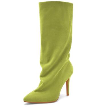 Imagem de Perisis Botas femininas despojadas cano médio pretas longas de puxar salto agulha bico fino botas de tubarão para mulheres sexy moda, Camurça verde claro, 42