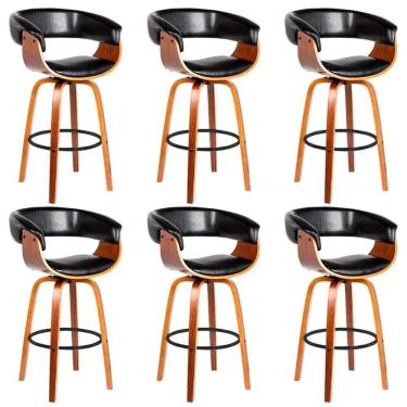 Imagem de Kit 6 Banquetas Giratória Alta Com Encosto Base Madeira Ravi R02 Sintético Preto - Mpozenato