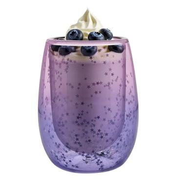 Imagem de NIRA.Z Pacote com 1 caneca de vidro de parede dupla de 227 g com glitter, copo de vidro borossilicato isolado, gradiente azul-roxo, ideal para bebidas quentes e frias, café, milkshake, boba