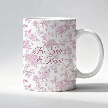 Imagem de LADOCK Caneca floral rosa Christina, Be Still and Know Caneca de café cerâmica versículo da Bíblia, presentes cristãos para mulheres fé, salmo 46:10 xícaras de café e chá 325 ml