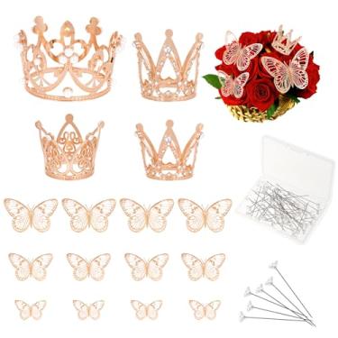 Imagem de 66 peças de acessórios para buquê de flores, topo de coroa de bolo, decoração de mini coroas para aniversário de casamento (ouro rosa)