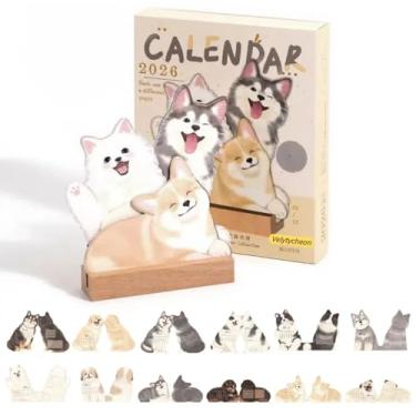Imagem de Velytycheo Calendário mensal de mesa 2026 para gatos e cães – 12 páginas de planejamento frente e verso em suporte de madeira, pequeno calendário de mesa de escritório para decoração de amantes de