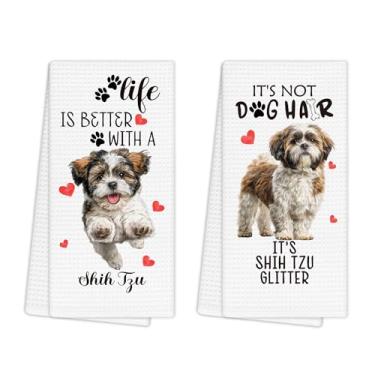 Imagem de EGBTL Shih Tzu Gifts Conjunto de 2 toalhas de cozinha, toalhas de mão engraçadas de cachorro para decoração de banheiro e cozinha, presentes Shih Tzu para mulheres donas de amantes de cães, presente