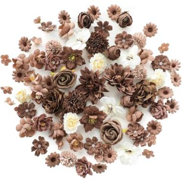 Imagem de Floroom Mini flores artificiais marrons e castanho-acastanhadas peônia margarida rosa multicolorido, pequenas flores de seda sintética para bolo, artesanato, guirlanda, festa de casamento, boné de