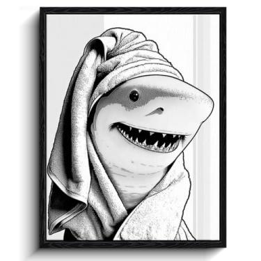 Imagem de Arte de parede de banheiro de tubarão, tubarão embrulhado em toalha, decoração de parede humor de banheiro, impressão em tela emoldurada de esboço de tinta, pôster de banheiro, presente de inauguração
