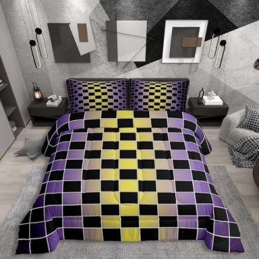 Imagem de Erosebridal Conjunto de edredom geométrico xadrez, roxo, amarelo, ombré, para adultos, homens e mulheres, edredom quadriculado, preto, gradiente, 3 peças