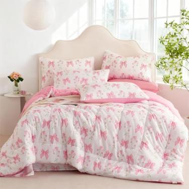Imagem de CCoutueChen Jogo de cama casal com laço rosa, 3 peças, floral, romântico, estilo princesa, laço, ultramacio, reversível, jardim, flor, conjunto de edredom com 2 fronhas