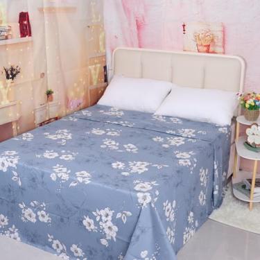 Imagem de Lençol de cima 100% algodão king size estampado floral azul hotel luxuoso lençol de cima macio e respirável