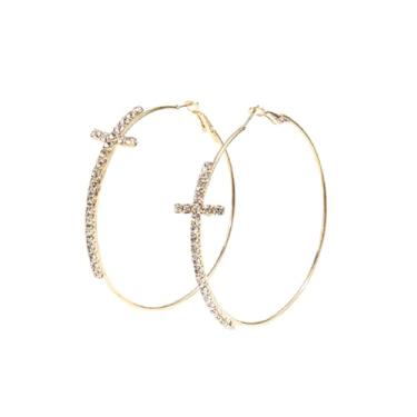 Imagem de Brincos de argola de cruz grande na moda brincos de argola brilhantes brincos de argola extra grandes brincos exagerados brincos de festa de casamento joias formais para mulheres, Large, Zinco, Sem