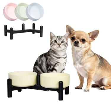 Imagem de Conjunto de tigelas de cerâmica elevada para cães – pratos duplos fofos com suporte de aço inoxidável – tigelas elevadas para gatos e cães pequenos – conjunto de comida e água – 12,7 cm/1,4 xícaras