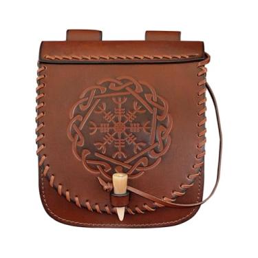 Imagem de Mythrojan Bolsa de couro medieval bolsa de cinto renascentista em relevo bolsa de cinto Viking Knight Warrior of the North com relevo Helm of Awe para LARP Reconstituição Ren Fair - marrom, 19,6 cm x