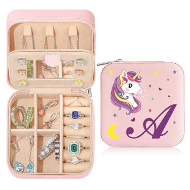 Imagem de Caixa de joias de viagem organizadora para presentes pequena fofa personalizada presente de aniversário natal para filha anel colar brinco caixa organizadora rosa letra A-Z