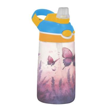 Imagem de Blueangle Garrafa de água de campo de lavanda com borboletas de 473 ml, garrafa de viagem e esportes Tritan reutilizável com canudo e design de tampa de bico pop-up (106)