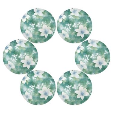 Imagem de Wassud Jogo americano conjunto de 6 tapetes de mesa redondos florais brancos e verdes para cozinha e jantar tapetes laváveis resistentes ao calor decoração de mesa 39 cm