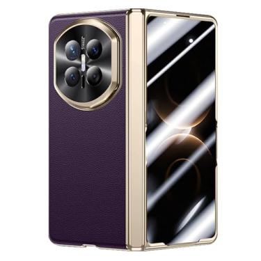 Imagem de FWYANZH Capa de couro de vaca para Huawei Mate X7, capa de proteção de câmera de metal com suporte protetor de tela embutido dobradiça capa de couro genuíno anti-queda, roxa, mate X7
