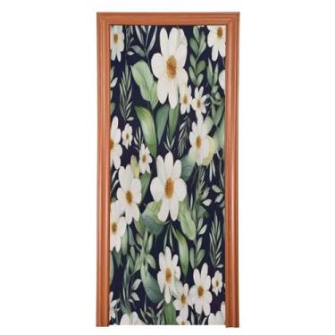Imagem de Wassud Capa de porta, decoração de flores brancas grandes e folhas verdes, 96 x 98 polegadas, faixa elástica para porta interna para varanda e porta da frente
